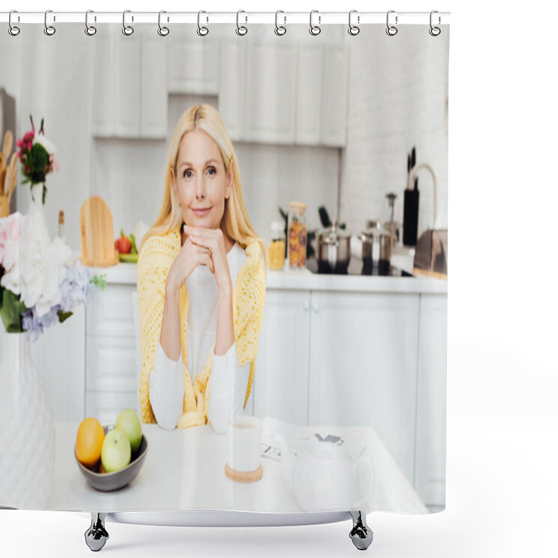 Personality  Smiling Woman Sitting At Kitchen And Drinking Tea In Morning Shower Curtains