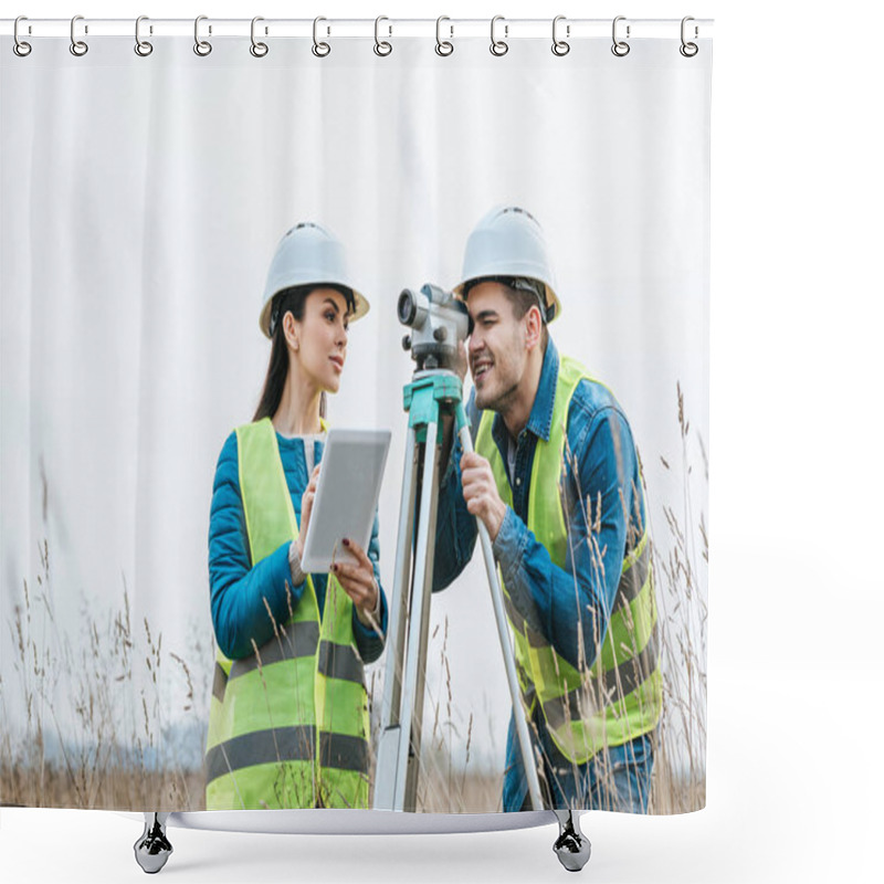 Personality  Surveyors Working With Digital Level And Tablet In Field Shower Curtains