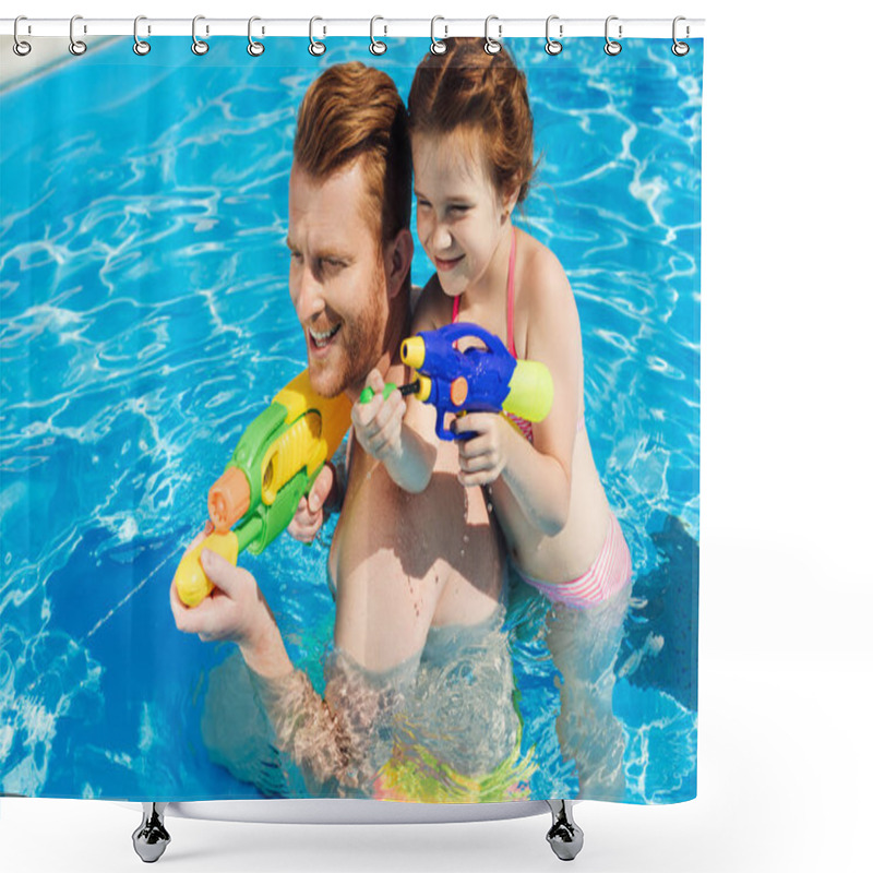 Personality  Handsome Father And Adorable Daughter Playing With Water Guns In Swimming Pool Shower Curtains