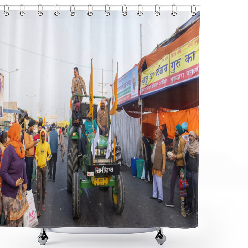 Personality  NEW DELHI, INDIA - JANUARY 2021 : Indian Farmer Travelling On Tractor To Participate In Tractor Rally To Protest Against The New Farm Law Bill. Shower Curtains