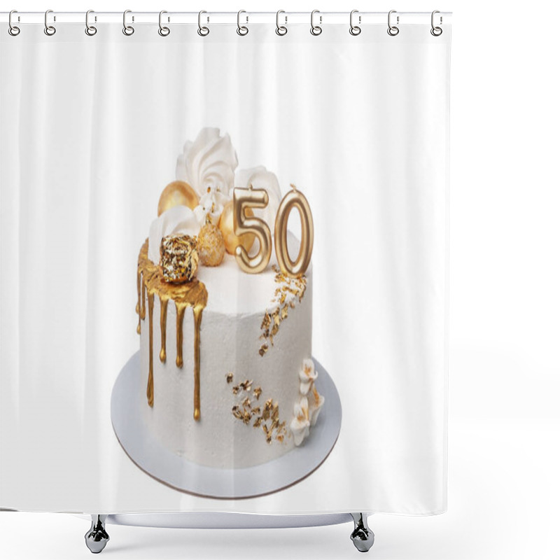 Personality  A Delightful Decorated White And Gold Cream Cake For A Fiftieth Anniversary. On A White Background Close-up. Shower Curtains