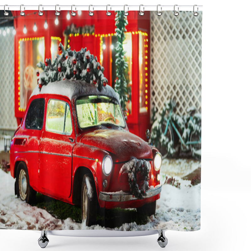 Personality  A Red Car With A Christmas Tree On The Roof Against The Backdrop Of A Red Shop. Old Red Car With New Year Decorations And Snow On The Street. Christmas Photo Zone With A Car For Family Photo Shoots Shower Curtains