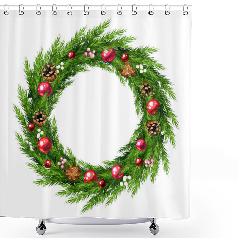 Personality  Christmas Wreath With Green Fir Branches, Red Christmas Balls, And Pine Cones. Greeting Or Invitation Card Design. Vector Illustration Shower Curtains