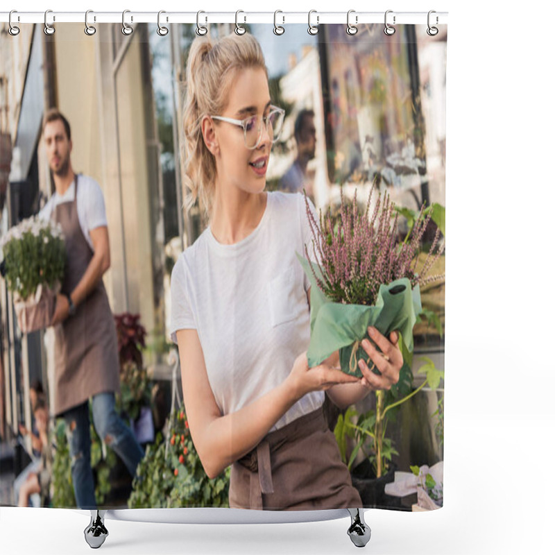 Personality  Attractive Florist Looking At Potted Salvia Flowers Near Flower Shop Shower Curtains