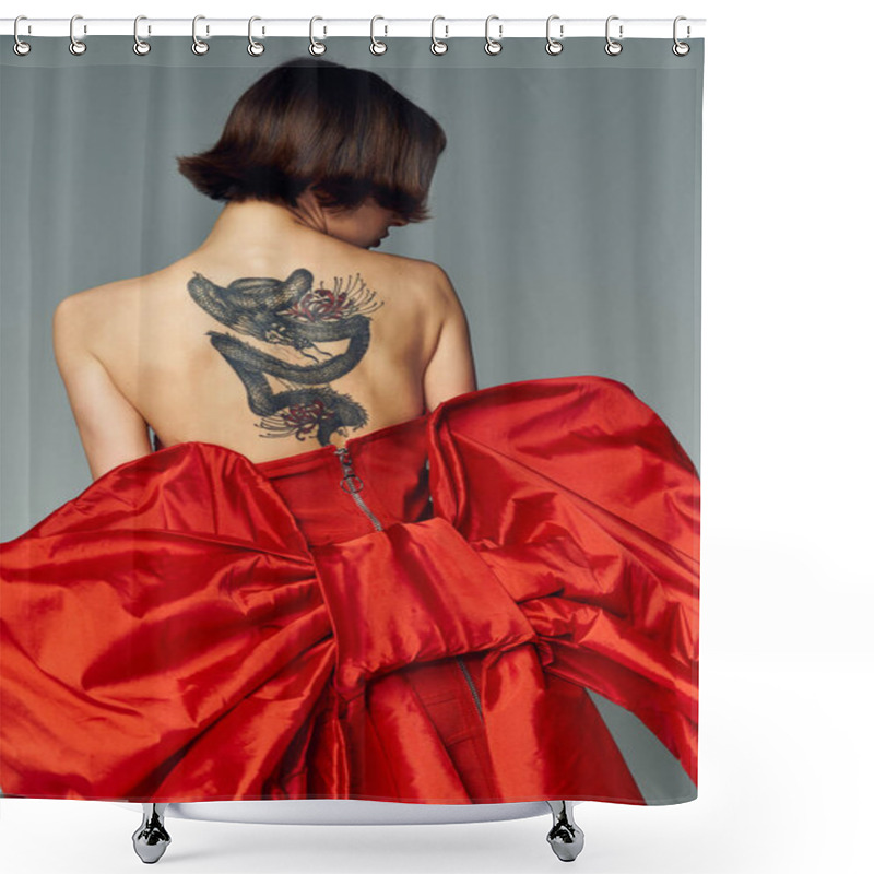 Personality  A Stylish Figure In A Vibrant Red Dress Displays Intricate Body Art On Her Back. Shower Curtains