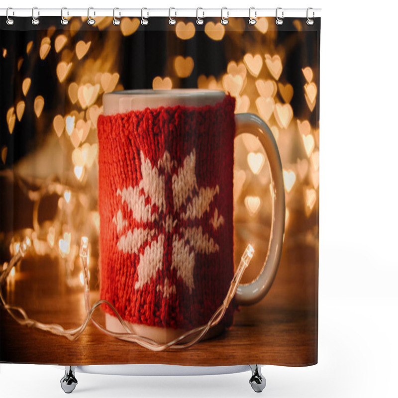 Personality  Close Up View Of Cup Of Hot Drink And Garland On Wooden Tabletop With Hearts Bokeh Lights Background Shower Curtains