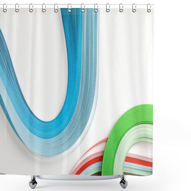 Personality  Top View Of Wavy Rainbow Paper Lines On White Background Shower Curtains