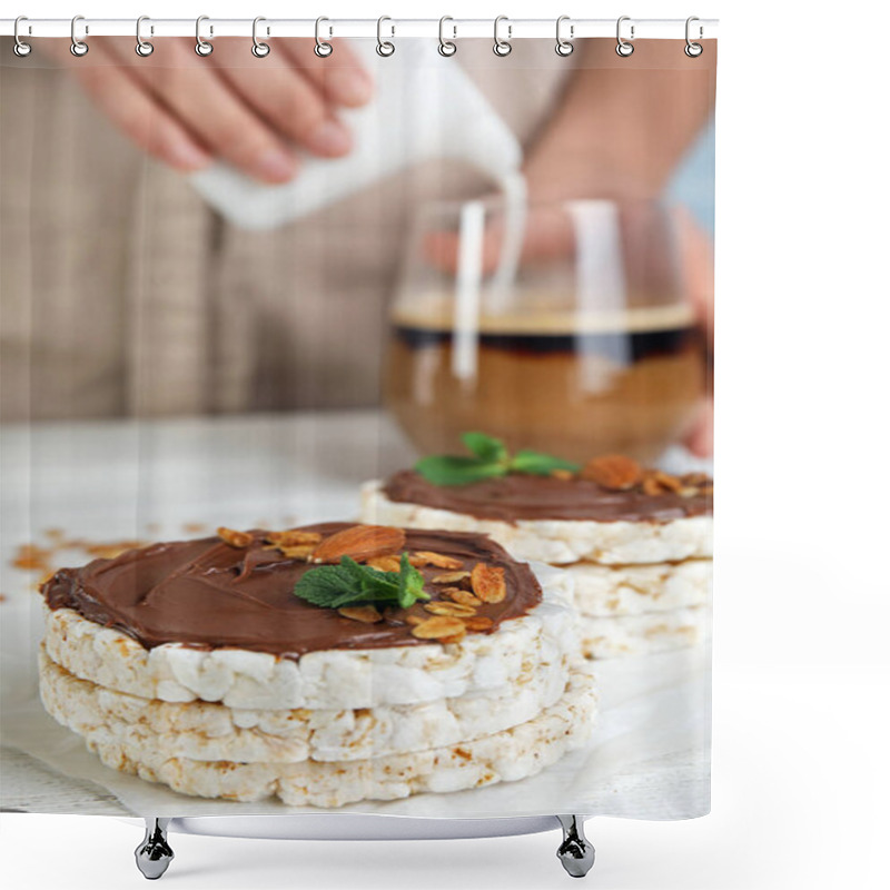 Personality  Puffed Rice Cakes With Chocolate Spread On White Wooden Table Shower Curtains