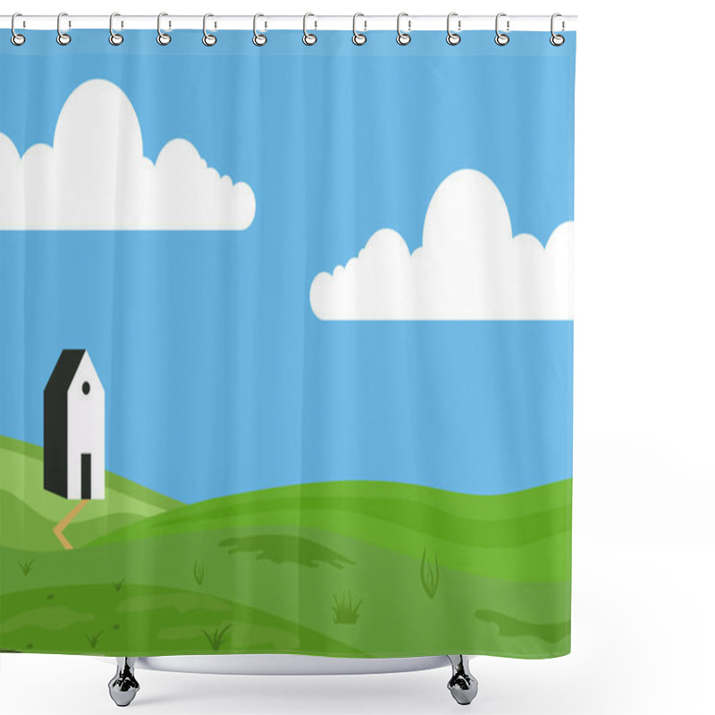 Personality  Vector Illustration Of Fields Landscape With A Green Hills, Blue Sky, And Forest In Flat Style. Rural Landscape. Vector Illustration Shower Curtains