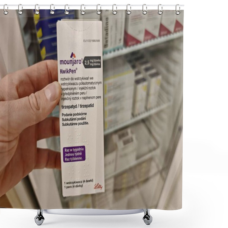 Personality  Prague, Czech Republic - October 25 2024: MOUNJARO KWIKPEN With TIRZEPATIDE Active Substance By ELI LILLY, Used For Type 2 Diabetes And Weight Management. Shower Curtains