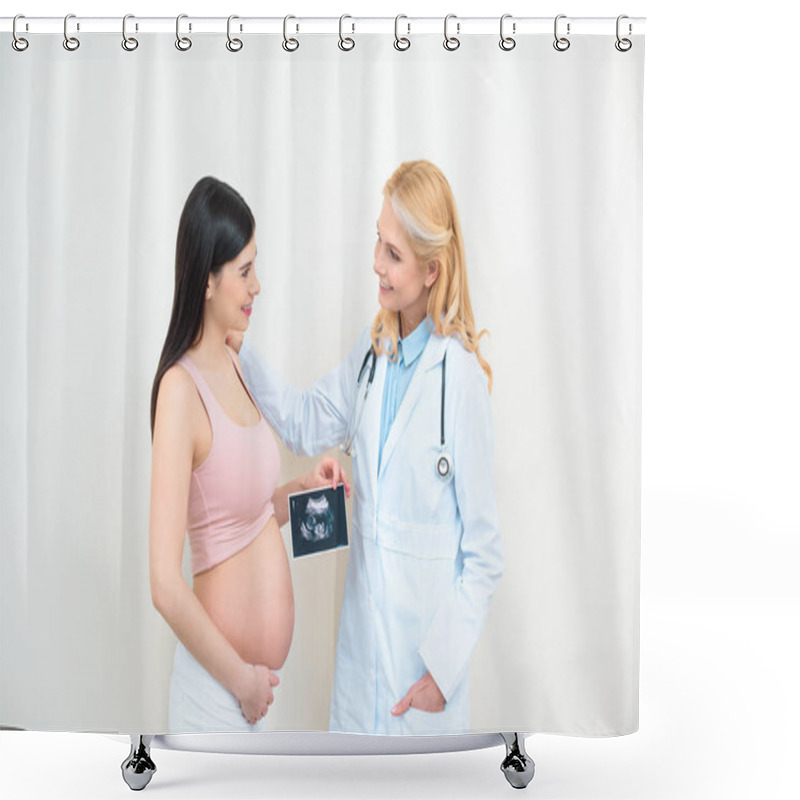 Personality  Obstetrician Gynecologist And Young Pregnant Woman With Ultrasound Scan Picture Shower Curtains