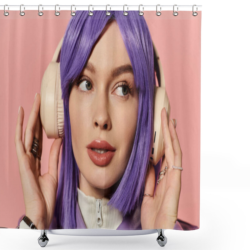 Personality  Woman With Purple Hair Enjoys Music In Stylish Headphones Against A Pink Background. Shower Curtains