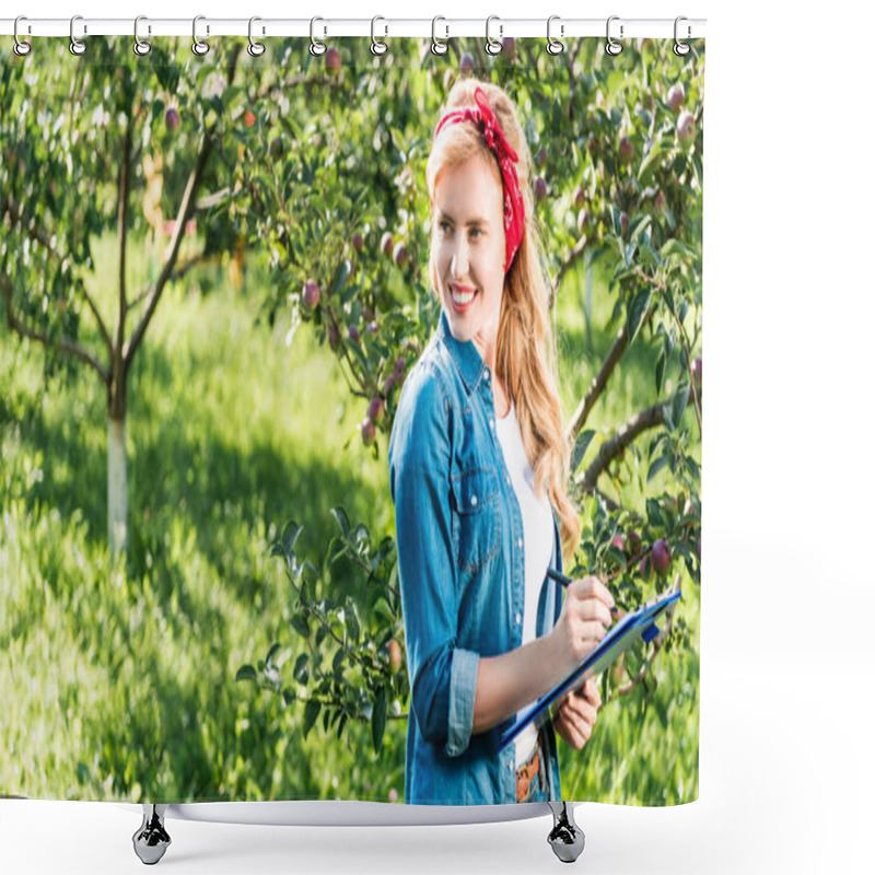 Personality  Smiling Farmer Holding Clipboard In Apple Garden At Farm And Looking Away  Shower Curtains