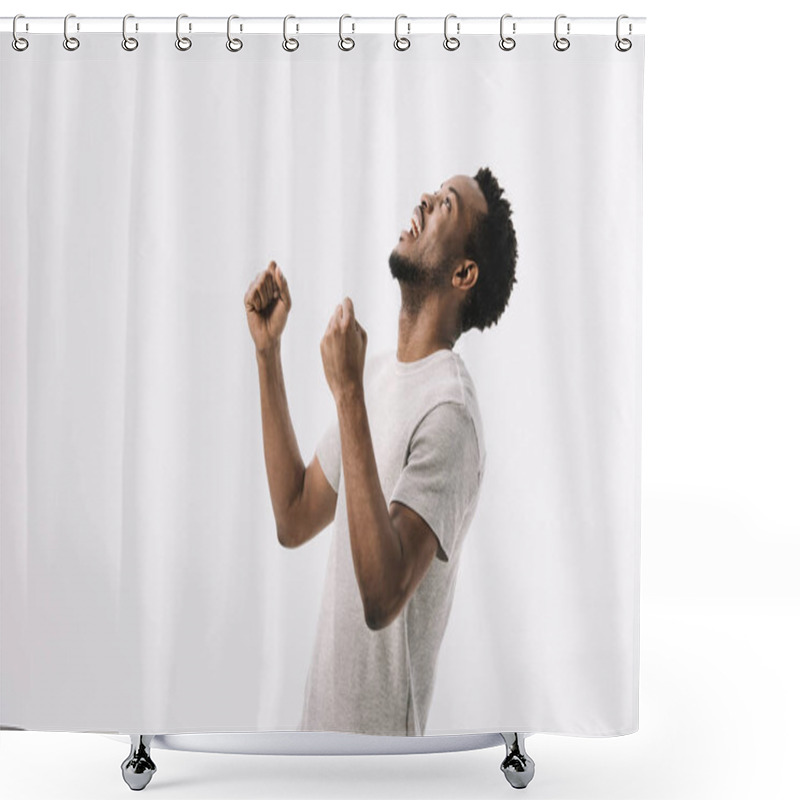 Personality  Curly African American Man Gesturing While Celebrating Triumph Isolated On White  Shower Curtains