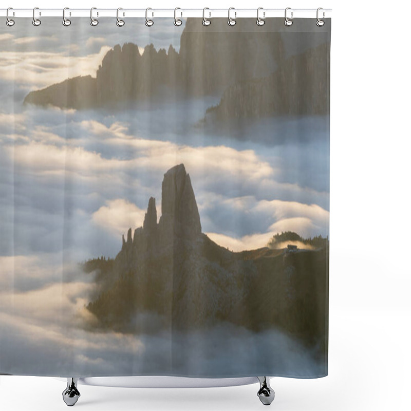 Personality  View Of Famous Dolomites Mountain Peaks Glowing In Beautiful Golden Morning Light At Sunrise In Summer, South Tyrol,Italy Dramatic View Of Dolomites Mountains Above The Clouds Famous Best Alpine Place Shower Curtains