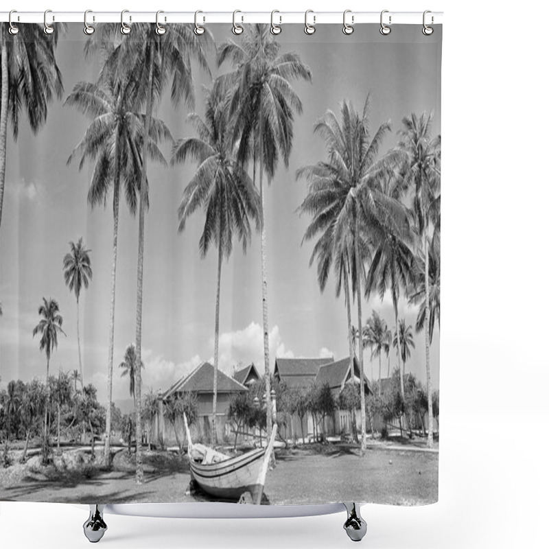 Personality  Coconut Trees And Wooden Boat In Black And White. Shower Curtains