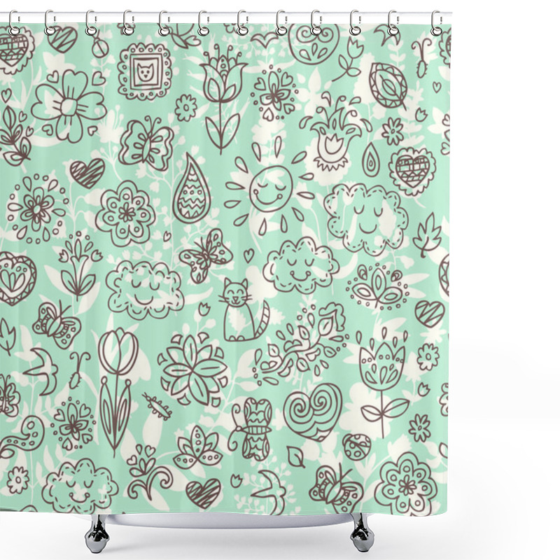 Personality  Spring Doodles Set. Hand Draw Flowers, Sun, Clouds, Butterflies. Season Of The Blossom, Illustration, Cute Background. Shower Curtains