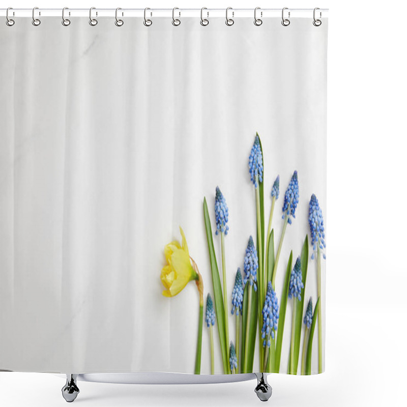 Personality  Top View Of Fresh Yellow Narcissus And Blue Hyacinths On White Background With Copy Space Shower Curtains