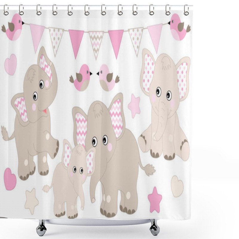 Personality  Cute Elephants Set. Vector Elephant Illustration For Baby Girl Shower. Vector Baby Elephant.  Shower Curtains