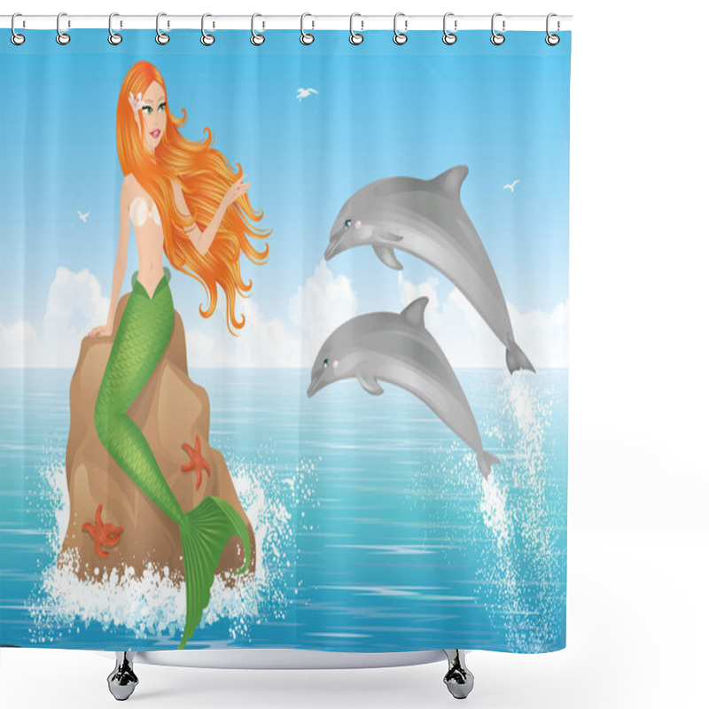 Personality  Mermaid Is Sitting On A Rock In The Sea And Reaching For Two Dolphins That Are Jumping Out Of The Water. Shower Curtains