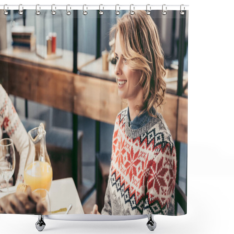 Personality  Woman In Sweater At Christmas Table Shower Curtains