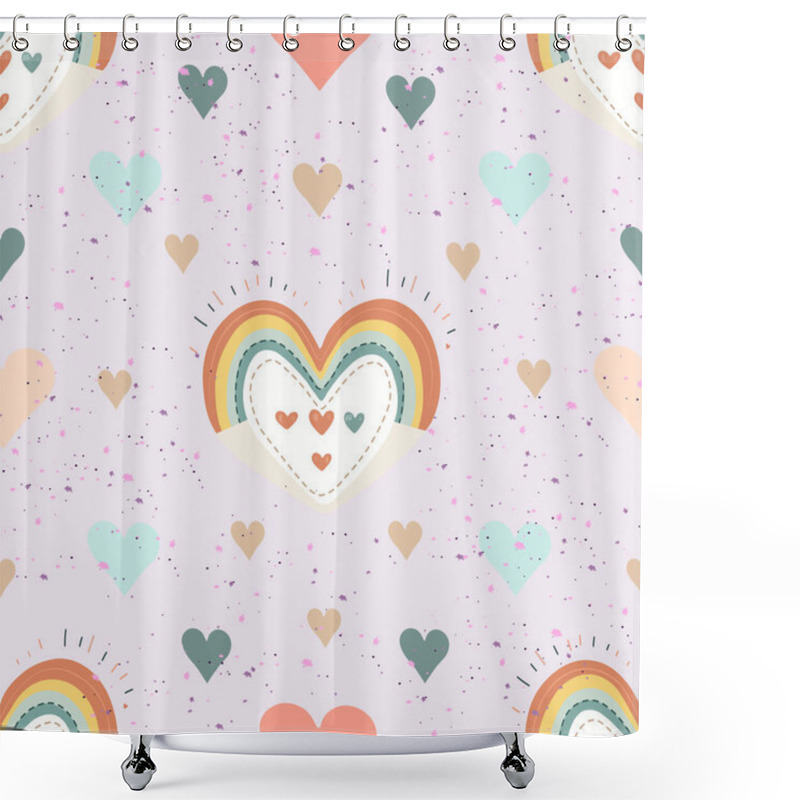 Personality  Seamless Pastel Heart Pattern With Rainbow Accents. Whimsical Heart And Rainbow Design On White Background. Colorful Hearts And Dotted Accents Repeating Pattern Shower Curtains