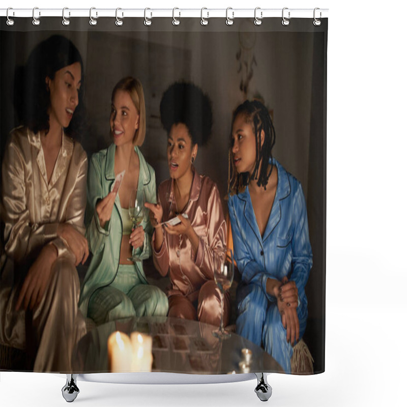 Personality  Cheerful Multiethnic Women In Pajama Holding Wine And Tarot Cards While Talking To Multiracial Friend Near Candles At Home During Girls Night, Bonding Time In Comfortable Sleepwear, Divination  Shower Curtains