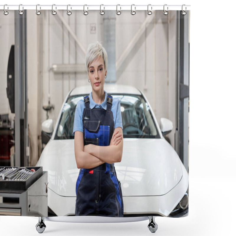 Personality  Professional Female Mechanic Posing At Camera Standing In Auto Repair Shop Shower Curtains