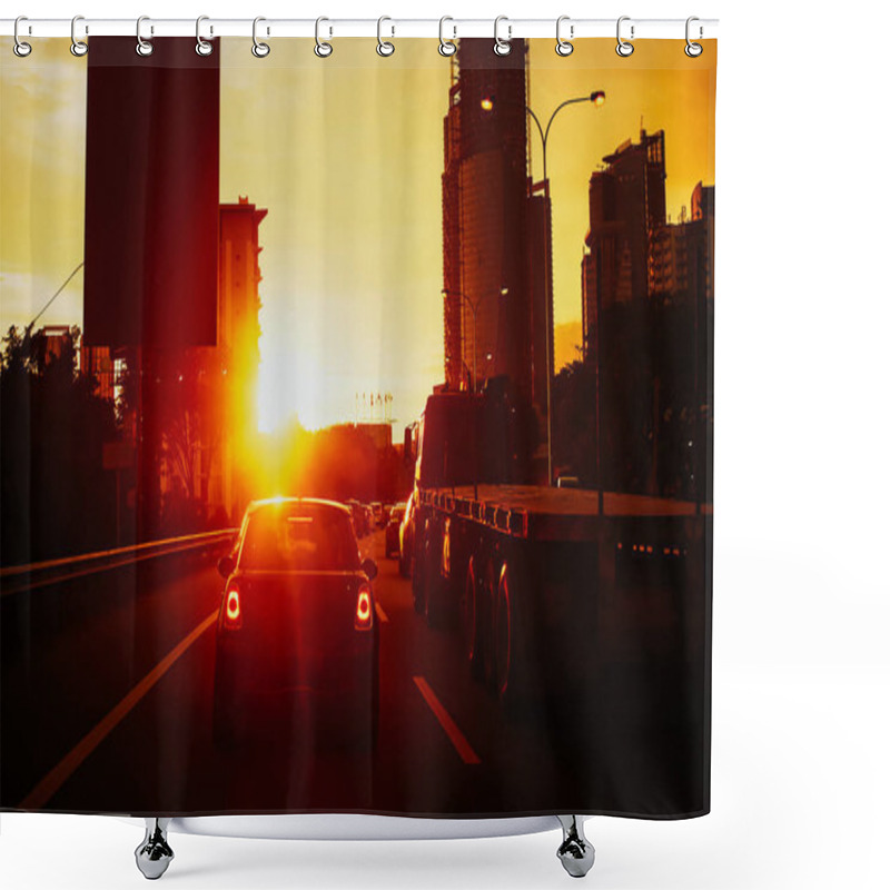 Personality  Busy City Silhouette Traffic Road . Evening Scene . Shower Curtains