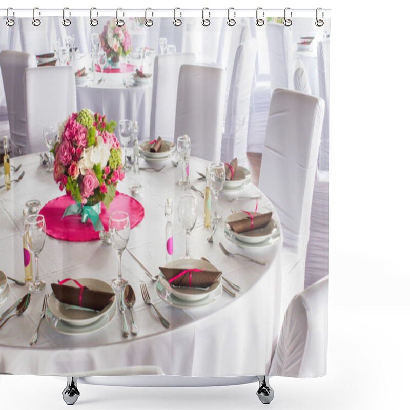 Personality  An image of tables setting at a luxury wedding hall shower curtains