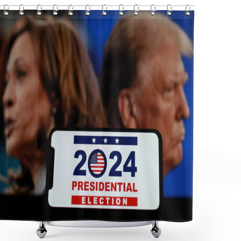 Personality  Indonesia-july 25th 2024.In This Photo The 2024 American Presidential Election Concept,with Donald Trump And Kamala Harris In The Background. Donald Trump Vs Kamala Harris. Shower Curtains