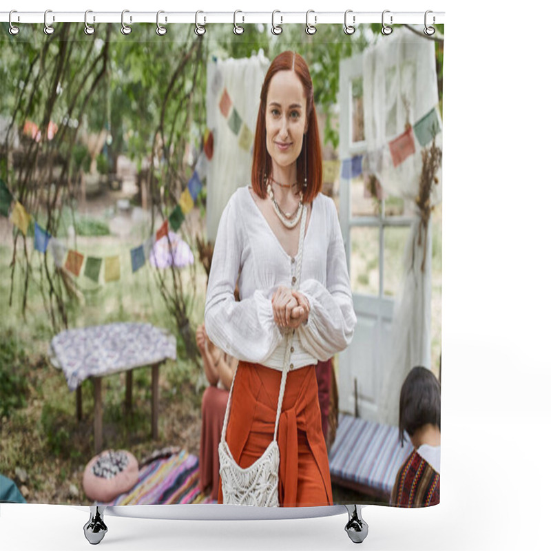 Personality  Positive Redhead Woman In Boho Outfits Looking At Camera While Standing Outdoors In Retreat Center Shower Curtains