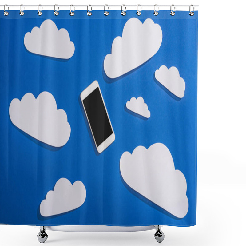 Personality  Top View Of White Paper Cut Clouds And Smartphone On Blue Background Shower Curtains