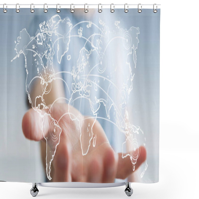 Personality  Businessman Holding World Connection Sketch Shower Curtains