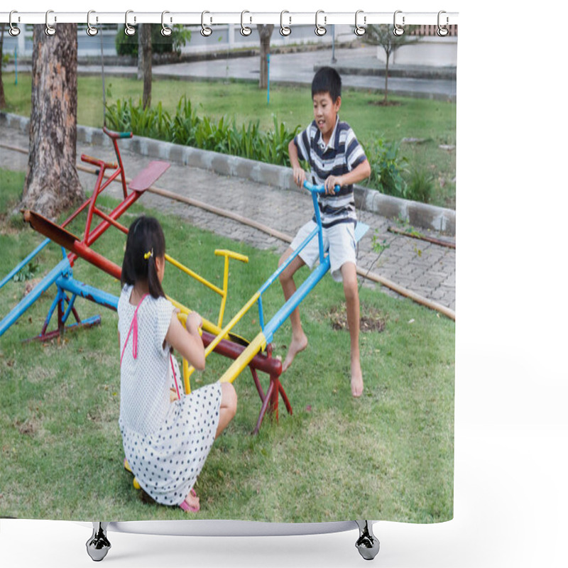 Personality  Brother And Sister Play Seesaw. Shower Curtains