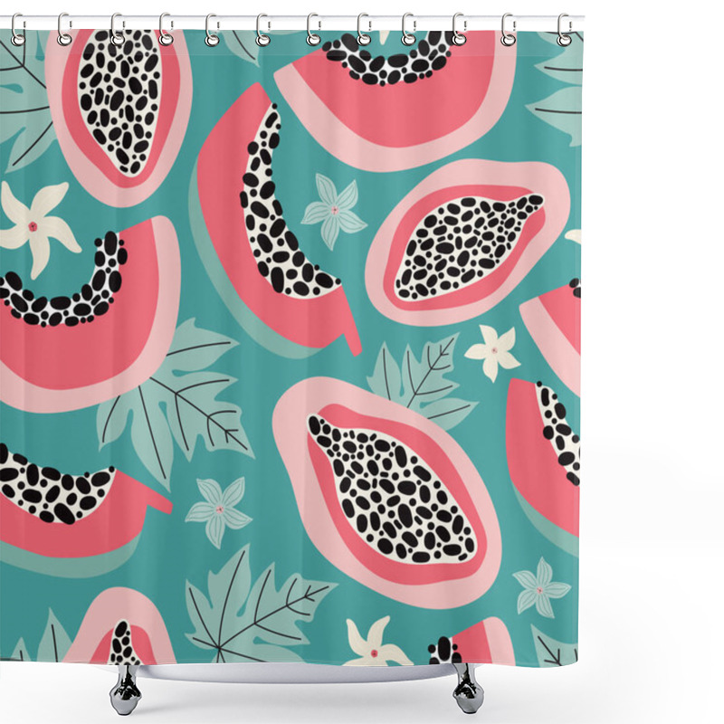 Personality  Hand Drawn Pink Papaya Seamless Pattern On A Turquoise Background. Exotic Summer Fruit Cut In Half With Flesh, Seeds, Leaves And Flowers. Modern Design For Textiles, Fabric, Packaging. Vector Flat Shower Curtains