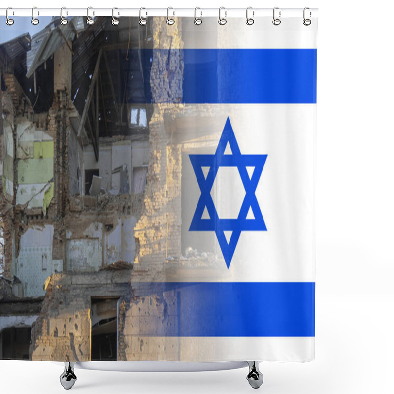 Personality  A Destroyed Residential Building Against The Background Of The Israeli Flag. Israeli-Palestinian Conflict. Terror Of Civilians Shower Curtains