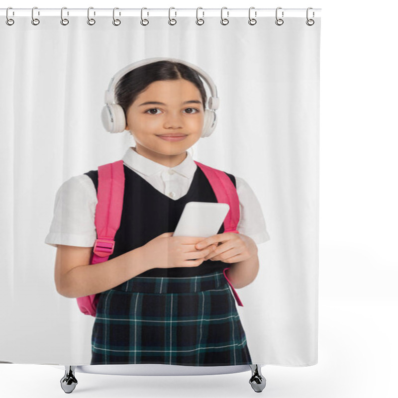 Personality  Digital Age, Joyful Schoolgirl In Wireless Headphones Holding Smartphone Isolated On White, Student Shower Curtains