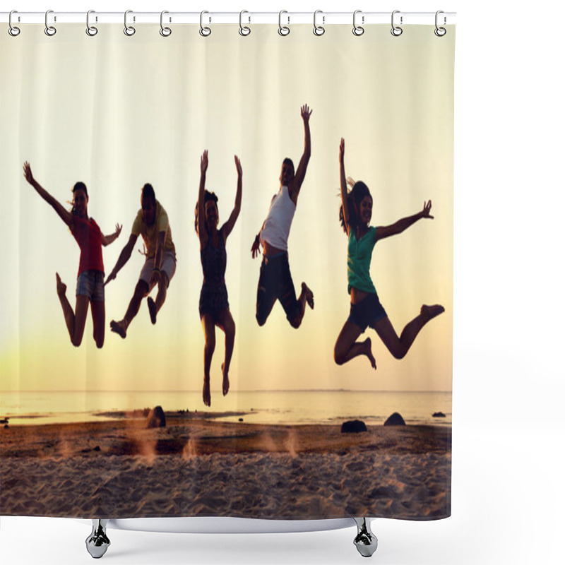 Personality  Smiling Friends Dancing And Jumping On Beach Shower Curtains