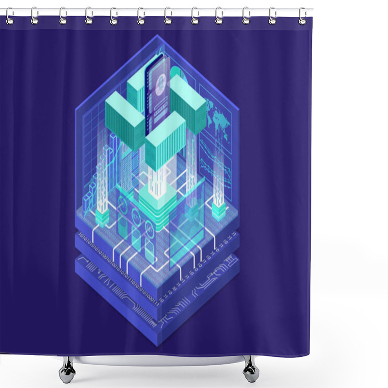 Personality  Application Containerization And Modular Software Development Concept With Symbol Of Smartphone And Containers As Isometric Vector Illustration.  Shower Curtains