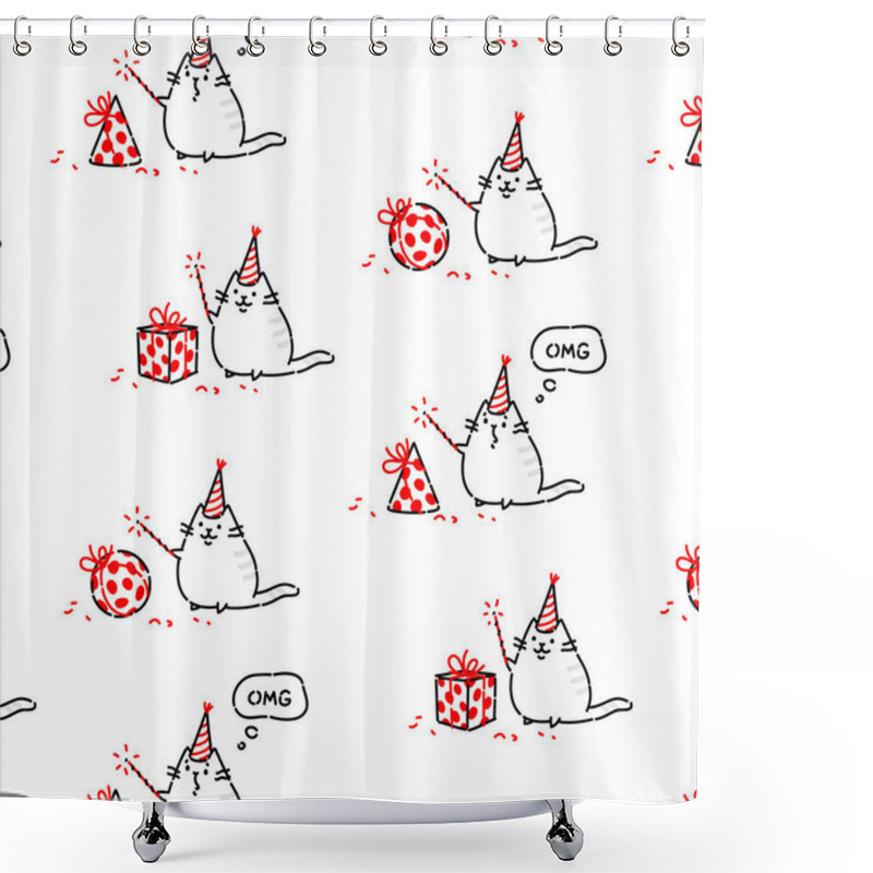 Personality  Cartoon Funny Cat, Pattern, Ornament. Vector Flat Illustration. The Character Is Isolated On A White Background. Ornament, Pattern For Fabric. Funny Kitty For The Site And Postcards. Mascot. Shower Curtains