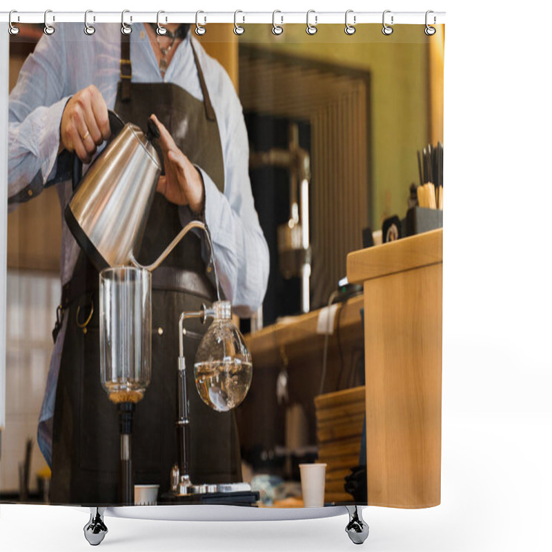 Personality  Close-up Barista Pours Hot Boiling Water From Kattle In Glass Syphon Device For Coffee Brewing In Cafe. Syphon Alternative Method Of Making Coffee. Scandinavian Method Of Coffee Making. Shower Curtains