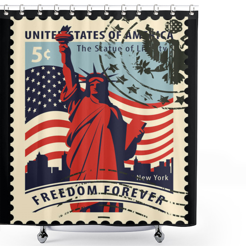 Personality  Statue Of Liberty In Background Of Nyc And Flag Shower Curtains