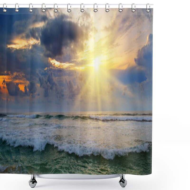 Personality  Beach Of Ocean And Sunrise On Cloudy Sky Shower Curtains