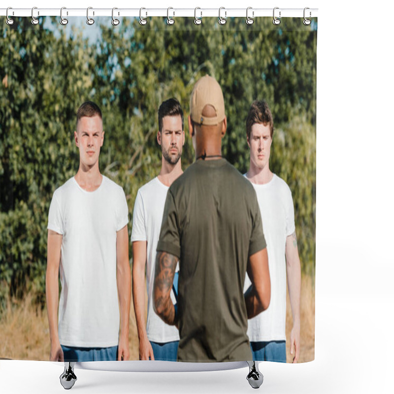 Personality  Back View Of African American Tactical Instructor And Young Soldiers On Range Shower Curtains