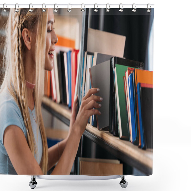 Personality  Smiling Young Woman Choosing Book On Bookshelf In Library  Shower Curtains