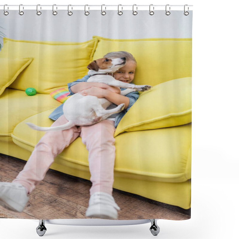 Personality  Kid Looking At Camera And Hugging Jack Russell Terrier On Couch  Shower Curtains