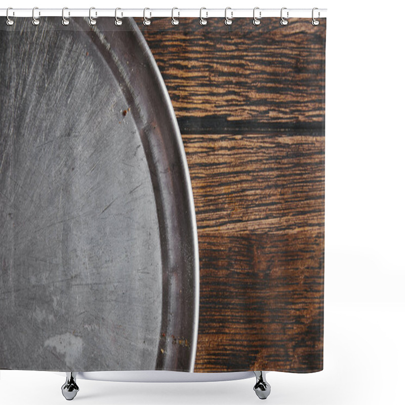 Personality  Top View Of Empty Metal Kitchen Tray On Rustic Wooden Table Shower Curtains