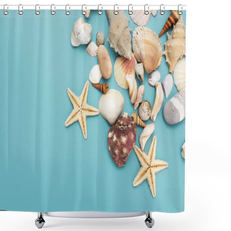 Personality  Frame Of Shells Of Various Kinds On A Blue Background Shower Curtains