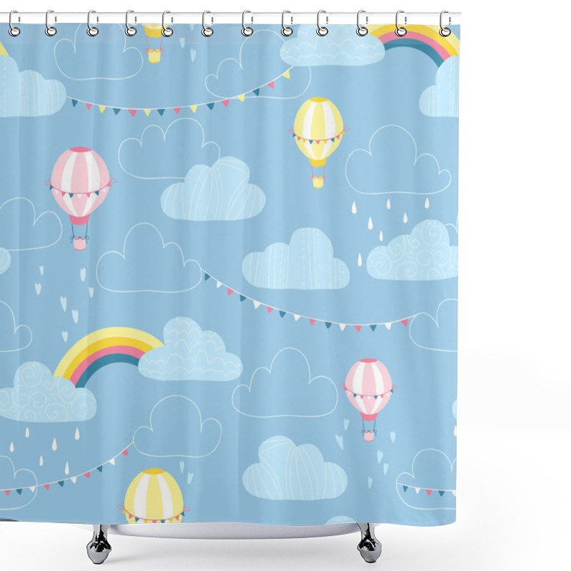 Personality  Unicorns In The Clouds Seamless Pattern. Vector Magic Background In Cartoon Scandinavian Style. Illustration In Gray-pink Colors On A Light Background. Shower Curtains